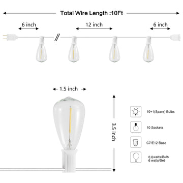 10-Light Indoor/Outdoor 10 ft. Rustic Industrial ST38 Clear Bulb String Lights